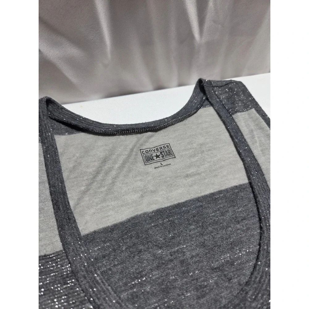 Converse One Star Womens Grey Striped Metallic Sparkle Tank‎ Top Scoop Neck L